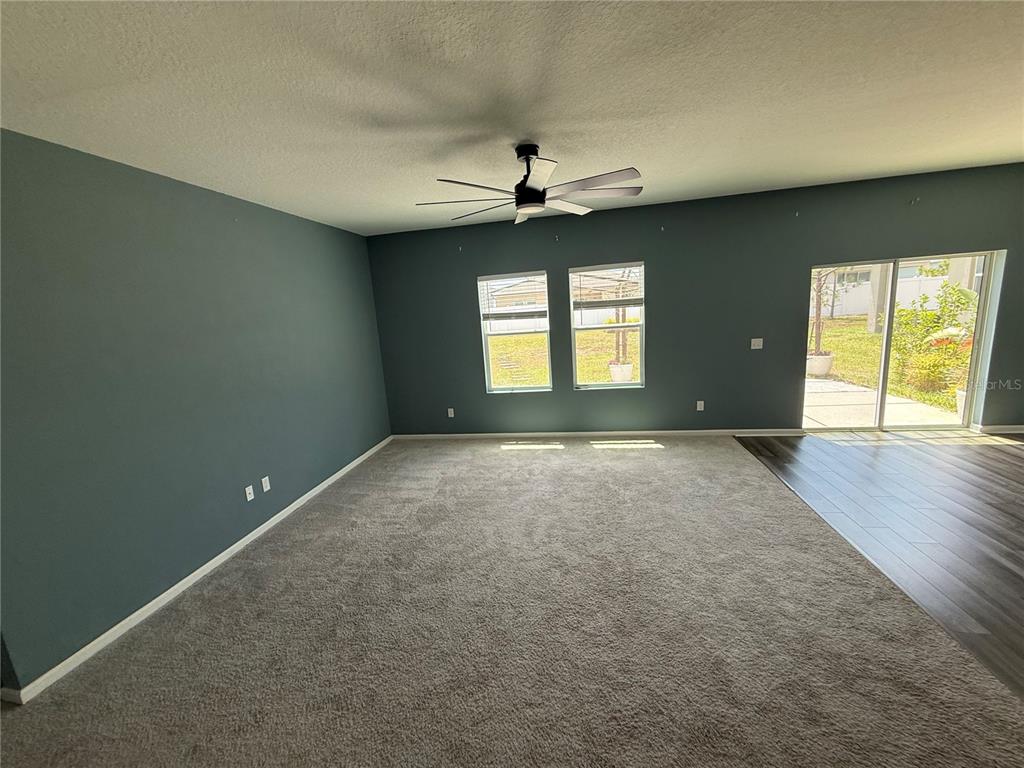 A living room features blue walls, gray carpeting, a ceiling fan, and a sliding glass door — 462 SPOTTED SLIPPER PLACE, RUSKIN, FL