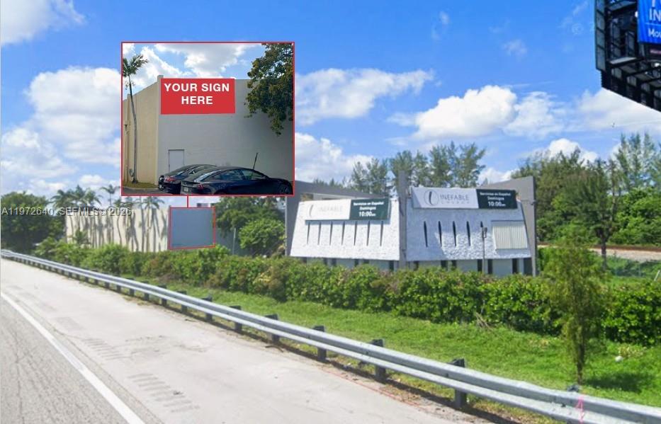 An exterior view of a commercial building with a digital overlay showing potential signage placement — 18500 NE 5th Ave, Miami FL 33179, MIAMI, FL