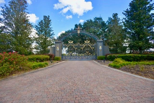 A paved driveway leads to an ornate metal gate set between two stone pillars — 11750 SE 22ND AVE ROAD, OCALA, FL