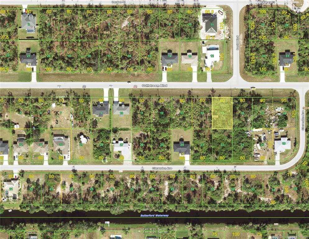 This is an aerial map showing residential lots and streets in a suburban neighborhood — 12269 GULFSTREAM BOULEVARD, PORT CHARLOTTE, FL