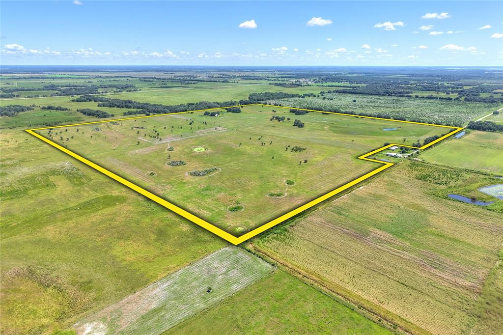 An aerial view shows a large, grassy plot of land outlined in yellow — NW LIMESTONE HEIGHTS STREET, ARCADIA, FL