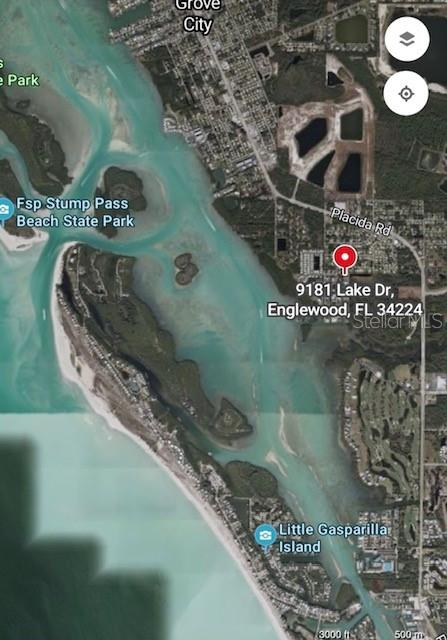 This is a satellite map showing the coastal area near Stump Pass Beach State Park — 9181 LAKE DRIVE, ENGLEWOOD, FL