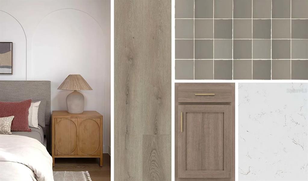 This interior design mood board displays flooring, cabinetry, tile, countertop, and bedroom furniture samples — 17637 LAKE STAR ROAD, WINTER GARDEN, FL