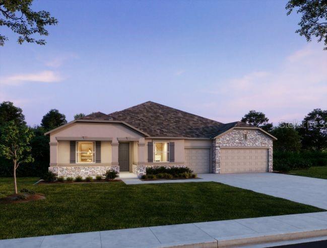 A digital rendering of a single-story suburban house with a stone facade and attached garage — 49 VINCA STREET, HOMOSASSA, FL
