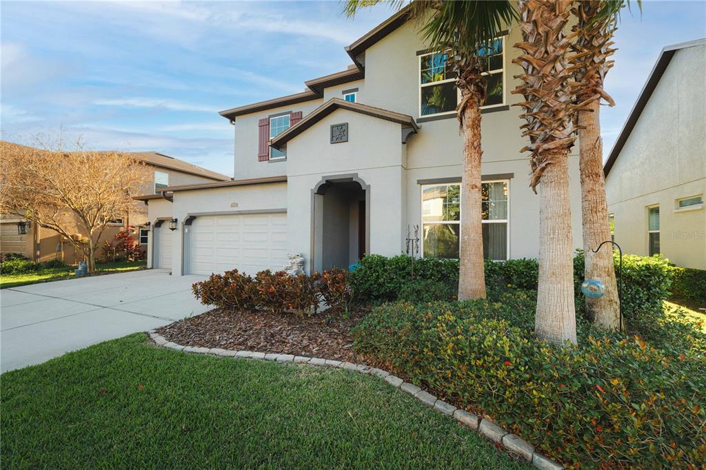 A two-story suburban house with a two-car garage, palm trees, and a landscaped front yard — 4522 SCARLET LOOP, WESLEY CHAPEL, FL