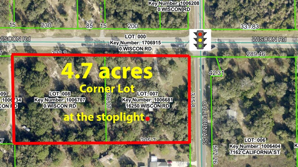 This is a map showing a 4.7-acre corner lot located at a signalized intersection — 16250 WISCON ROAD, BROOKSVILLE, FL