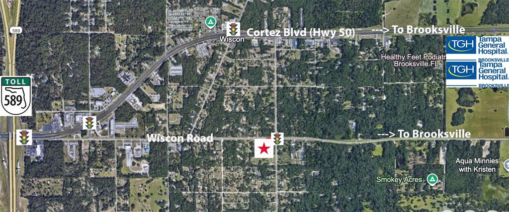 This is an aerial map showing the location of a property near major roads — 16250 WISCON ROAD, BROOKSVILLE, FL