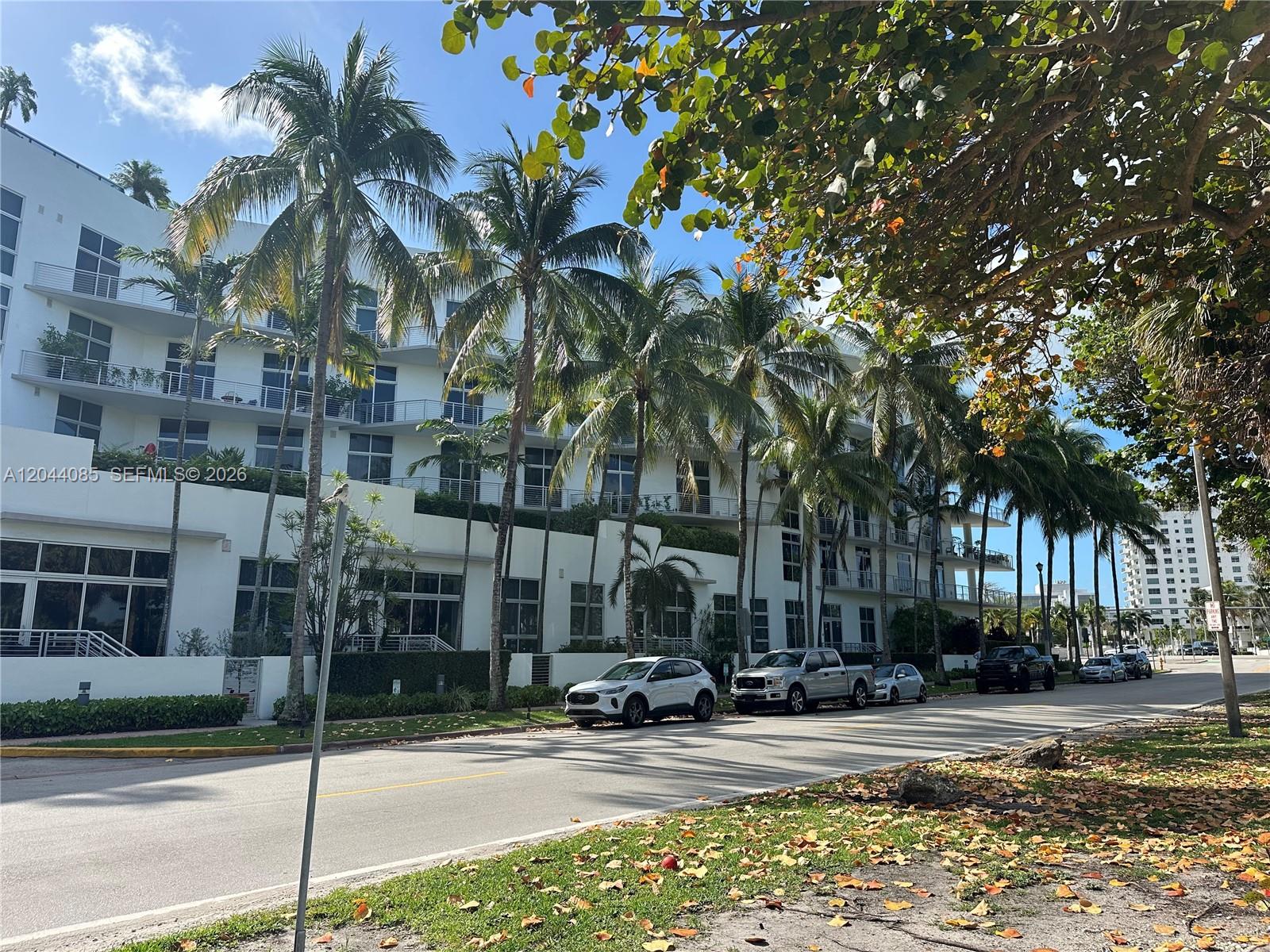 A white multi-story building stands behind a row of palm trees along a street — 2001 Meridian Ave # 309, Miami Beach FL 33139, MIAMI BEACH, FL