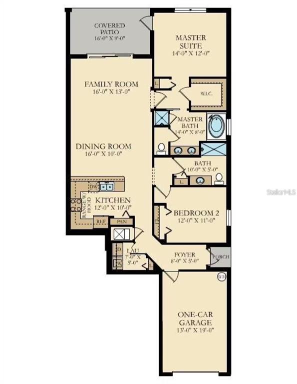 This floor plan shows a one-story home with a kitchen, dining room, family room, and two bedrooms — 1043 SPLASH SHOT PLACE UNIT 2002, DAVENPORT, FL