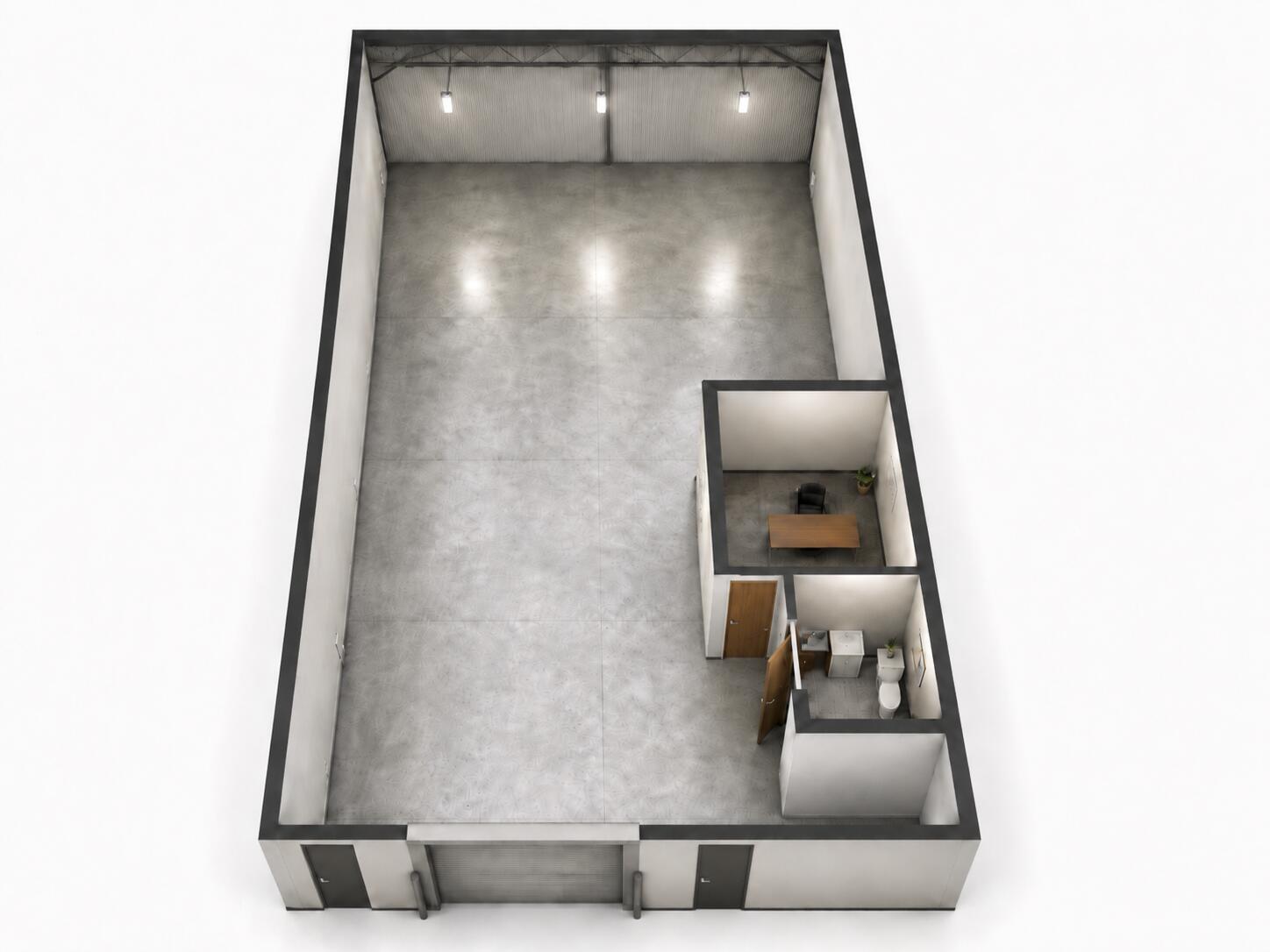 This 3D rendering shows an industrial warehouse space with an office, restroom, and concrete floors — 1300 Old Dixie Highway # 108, Lake Park FL 33403, LAKE PARK, FL