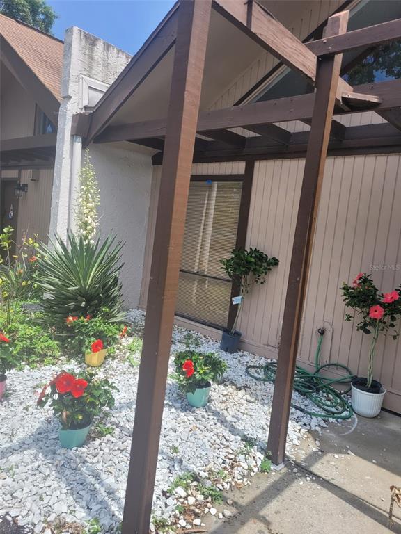 A view of a house exterior featuring a wooden pergola, potted hibiscus, and rock landscaping — 4009 MURIEL PLACE, TAMPA, FL