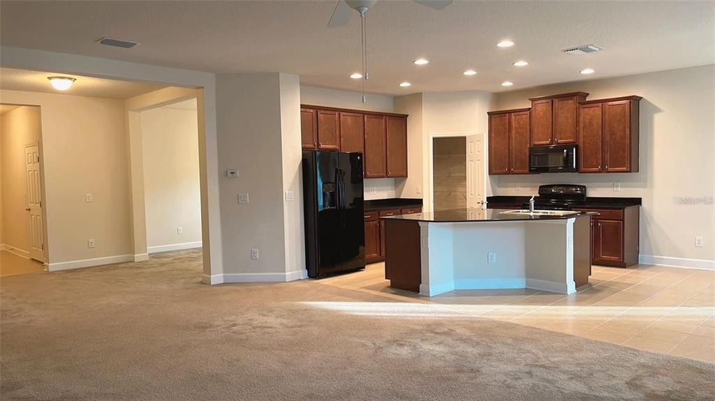 A kitchen with dark wood cabinets, a black refrigerator, and a central island — 2931 SHETLAND RIDGE DRIVE, VALRICO, FL