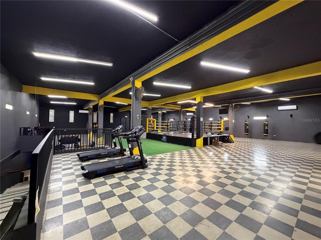 A gym interior features a boxing ring, treadmills, and a black-and-white checkered floor — 158 CALLE PROGRESO, AGUADILLA, PR