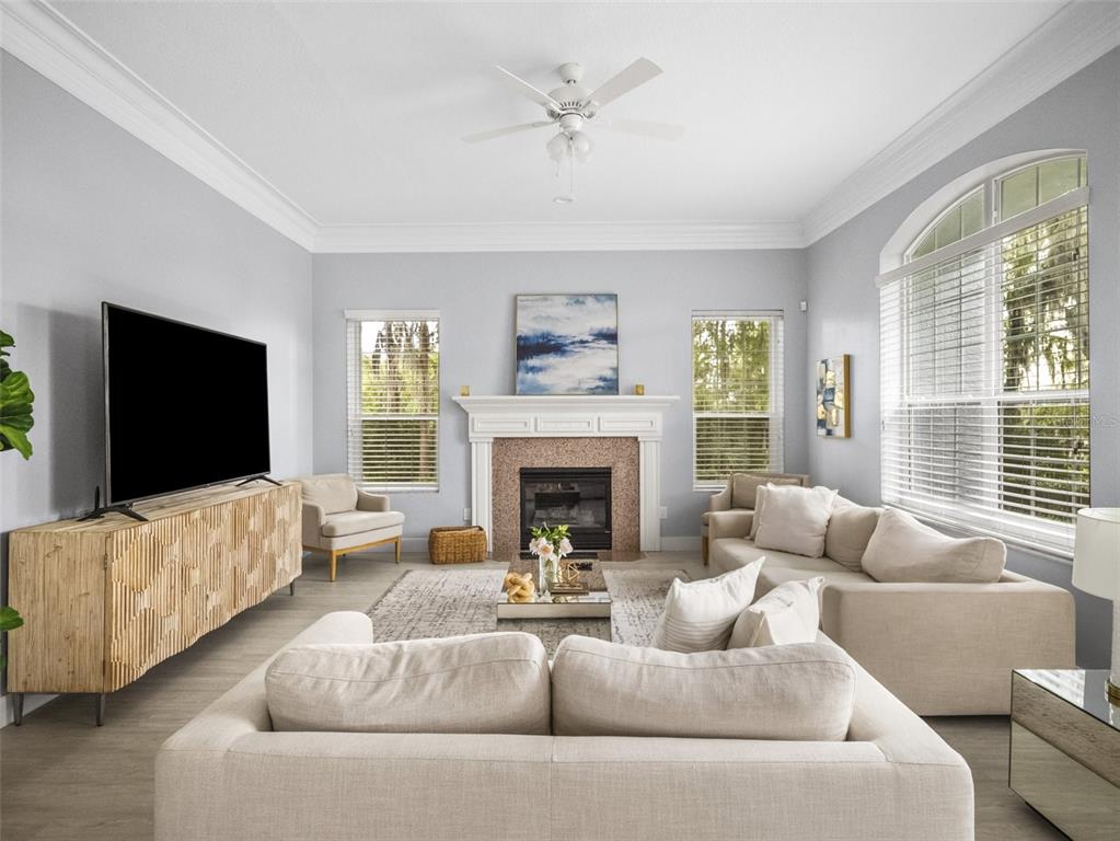 A living room features a fireplace, a television on a wooden console, and neutral furniture — 10550 LAKE MINNEOLA SHORES, CLERMONT, FL