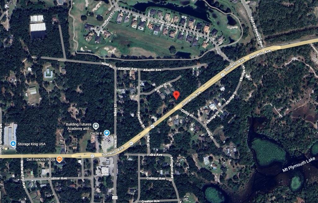 This is an aerial map view showing residential streets and businesses near Sorrento Avenue — TBD SORRENTO AVENUE, SORRENTO, FL