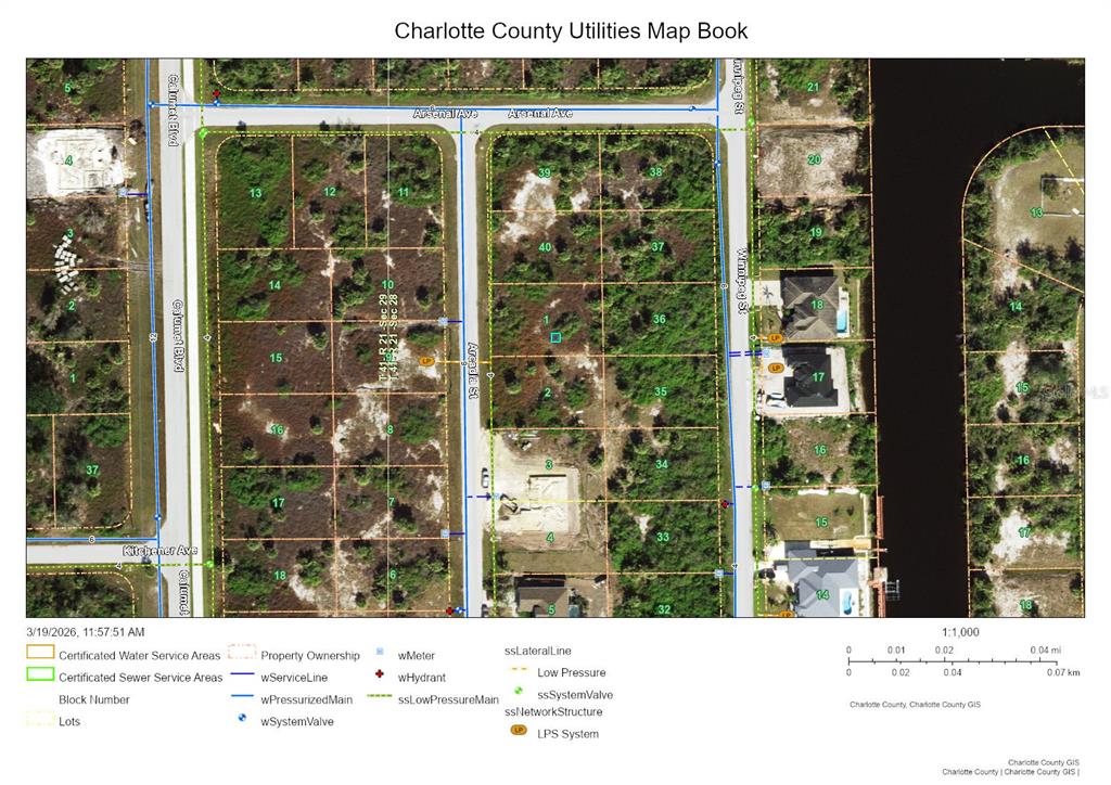 This is a utility map showing property lots, street names, and infrastructure in Charlotte County — 10194 ARCADIA STREET, PORT CHARLOTTE, FL