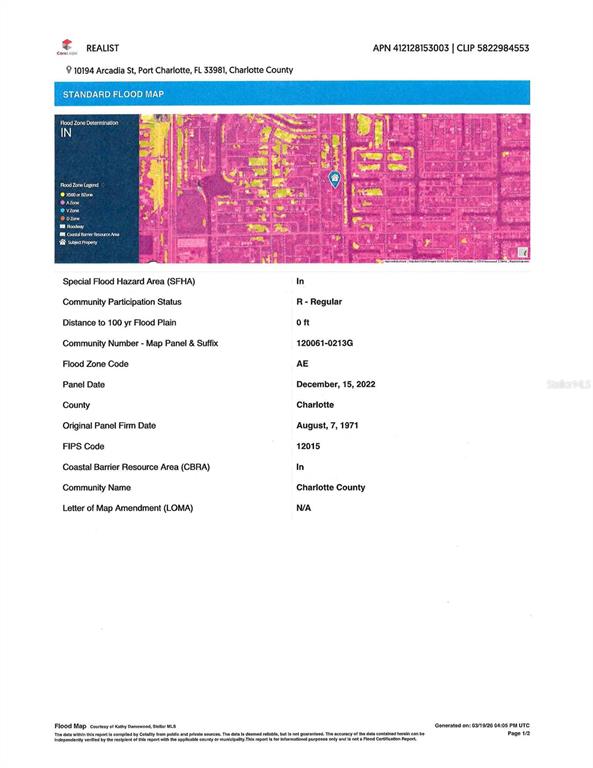 This is a standard flood map report for a property in Charlotte County, Florida — 10194 ARCADIA STREET, PORT CHARLOTTE, FL