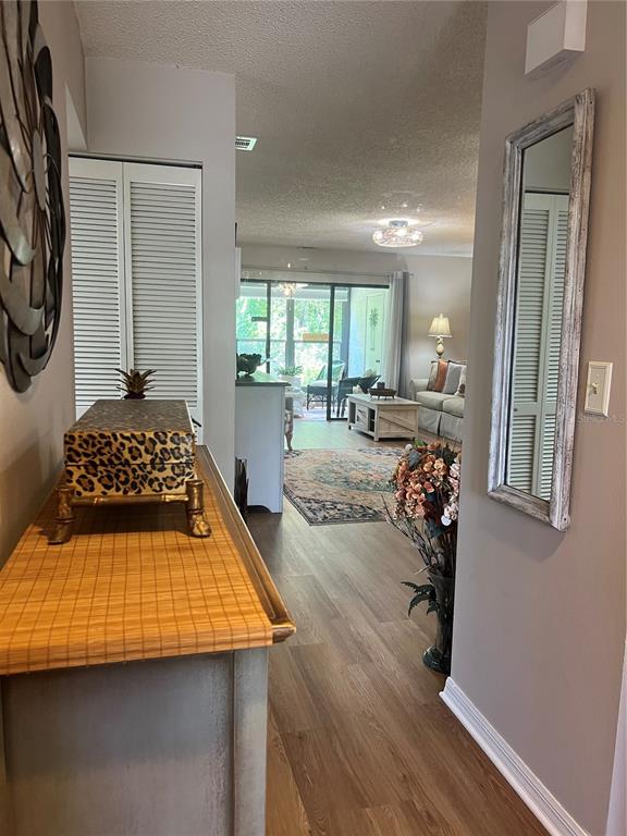 A hallway leads into a living room with a sliding glass door and wood flooring — 1801 E LAKE ROAD UNIT 17C, PALM HARBOR, FL