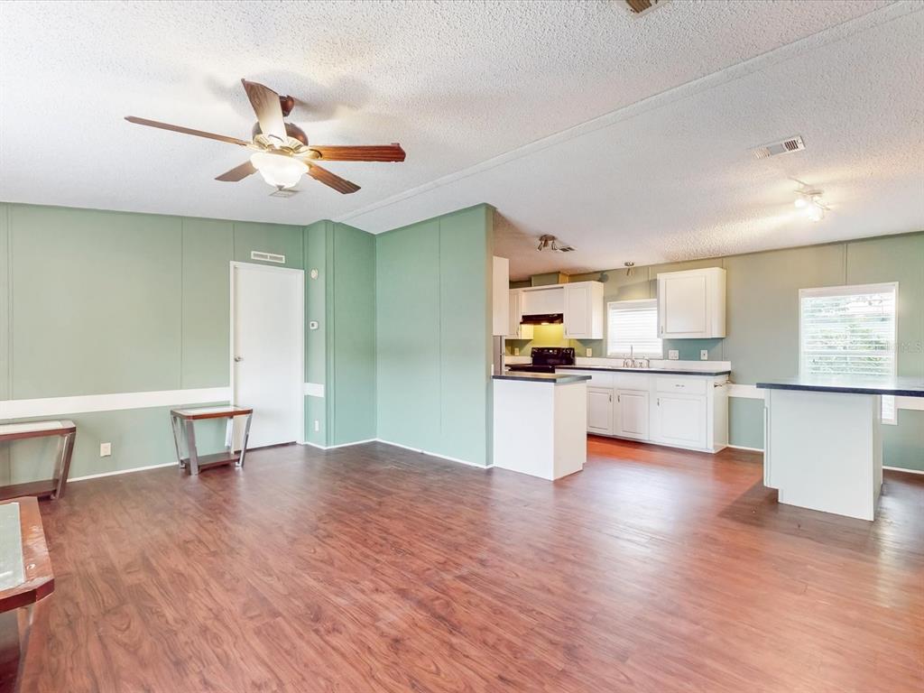 An open-concept living room and kitchen featuring light green walls and dark wood flooring — 54735 WILLIAMS STREET, ASTOR, FL