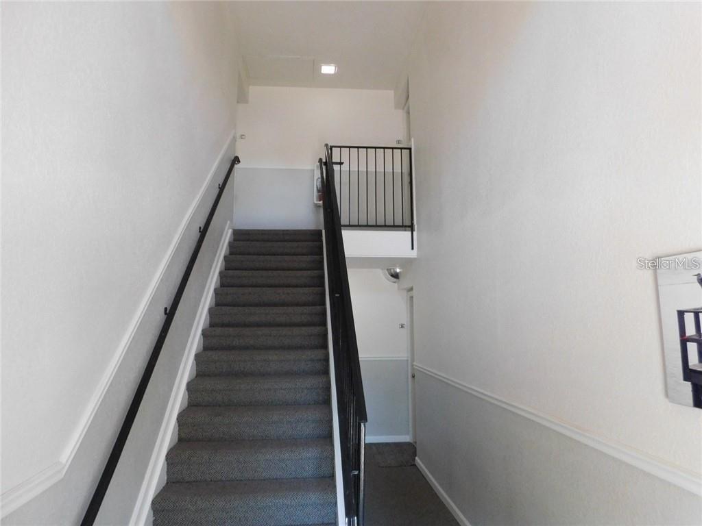 A carpeted staircase with black railings leads to an upper landing in a neutral hallway — 3873 POMPANO DRIVE SE UNIT D, ST PETERSBURG, FL