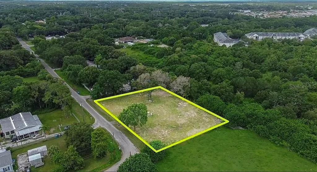 An aerial view shows a rectangular vacant lot outlined in yellow next to a road — 11710 MEADOWDALE DRIVE, TAMPA, FL
