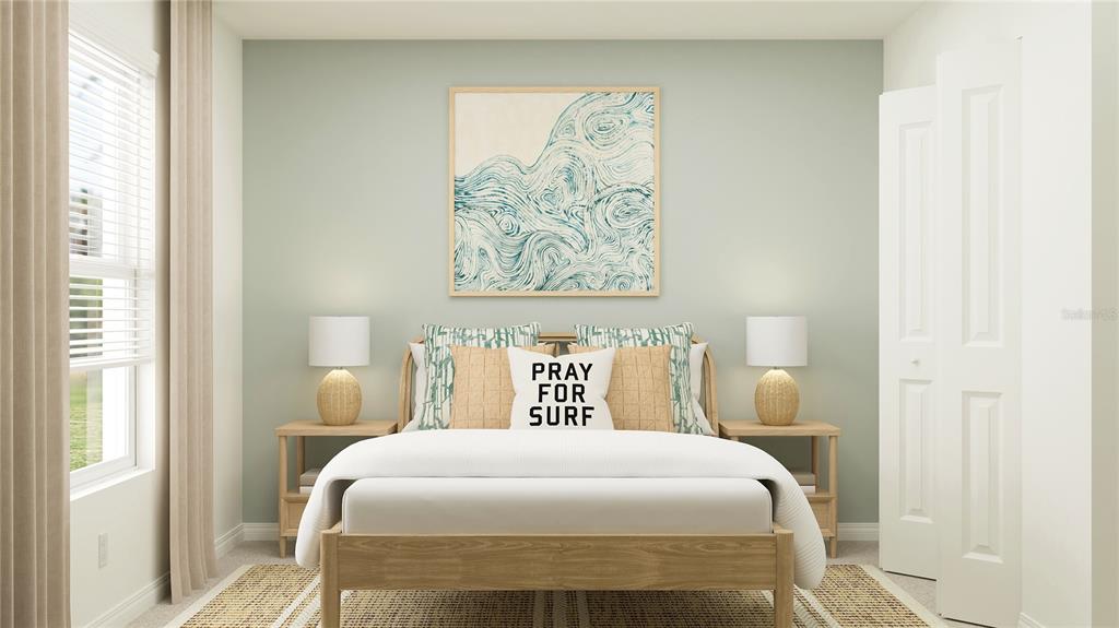 This is a rendering of a bedroom featuring a light wood bed, nightstands, and wall art — 8425 SW 41ST CIRCLE, OCALA, FL
