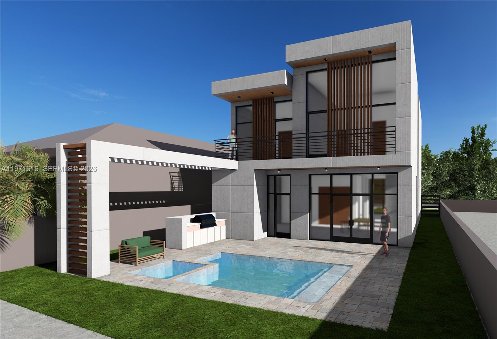 A rendering of a modern two-story house exterior featuring a swimming pool and outdoor kitchen — 6835 SW 25th St, Miami FL 33155, MIAMI, FL