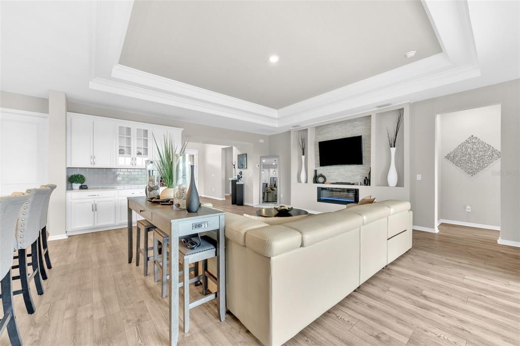 A living room with a tray ceiling, fireplace, built-in shelving, and an adjacent kitchen area — 7201 TALAMORE DRIVE, WESLEY CHAPEL, FL