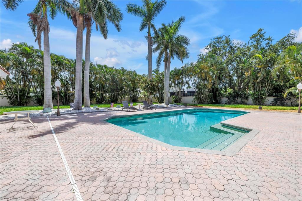 A backyard swimming pool features a brick paver deck surrounded by tall palm trees — 4930 SANDPIPER LANE S, ST PETERSBURG, FL