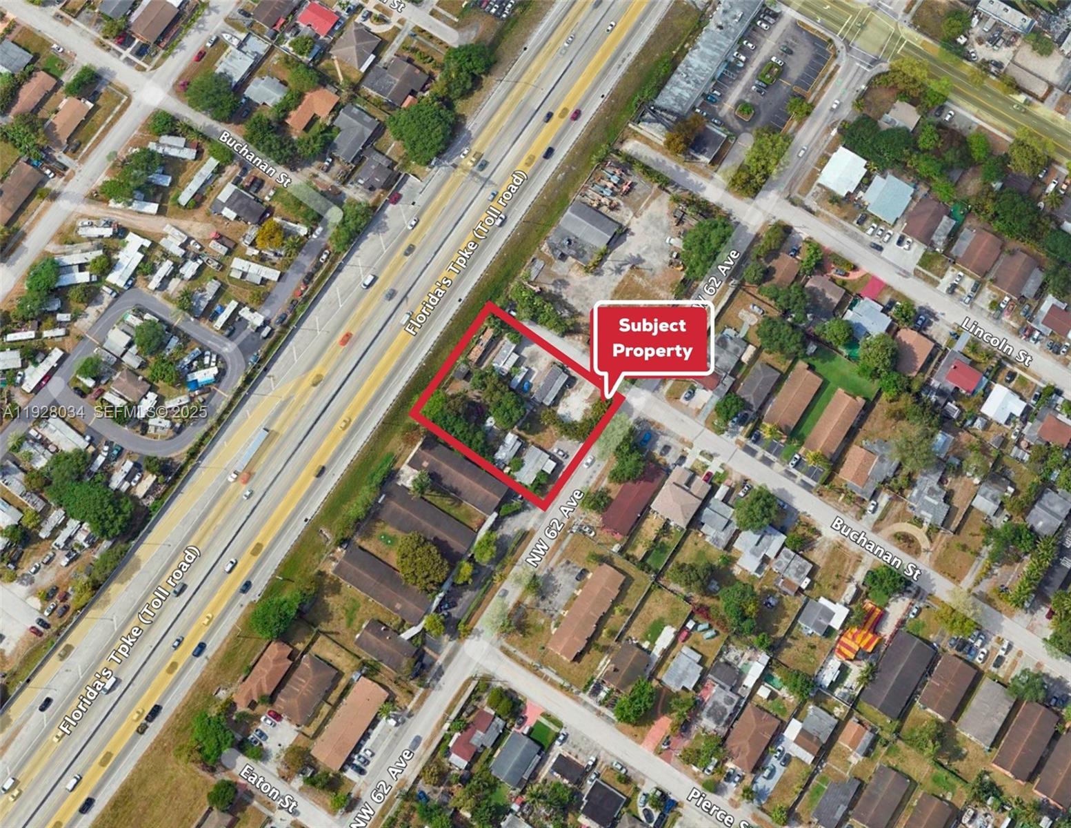 This aerial map shows a rectangular property outlined in red adjacent to a highway — 6206 Buchanan St, Hollywood FL 33024, HOLLYWOOD, FL