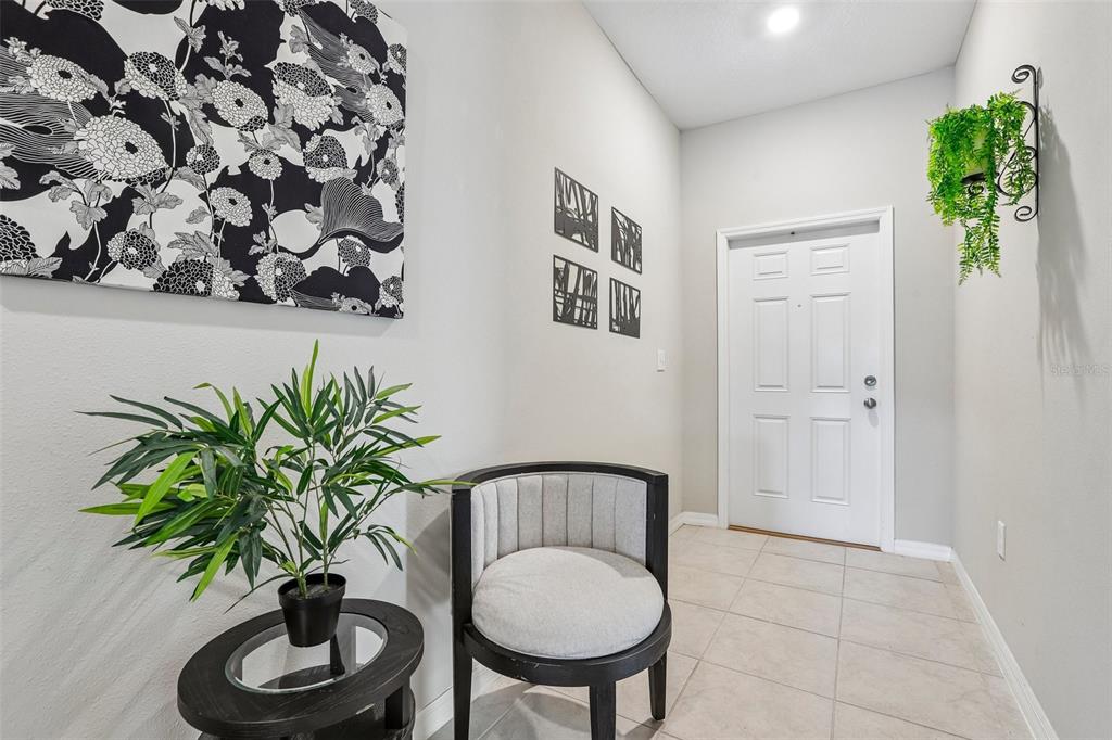 An entryway features a white door, a gray chair, a potted plant, and wall art — 1461 GOLDEN GLOW DRIVE, RUSKIN, FL