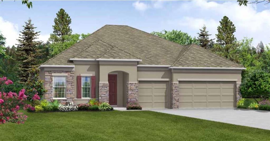 This is a digital rendering of a single-story house with a stone facade and garage — 6476 DUNBARTON STREET, NORTH PORT, FL