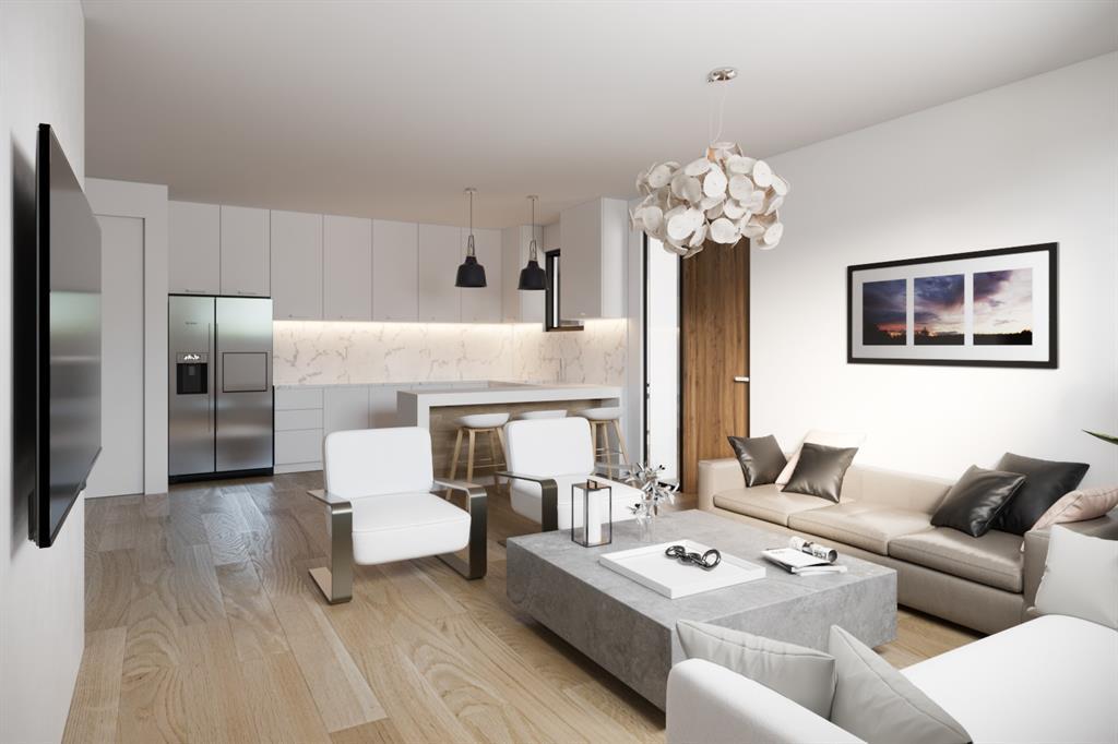 This rendering shows an open-plan living room and kitchen with white cabinetry and wood flooring — 344 NW 6th Street, Pompano Beach FL 33060, POMPANO BEACH, FL