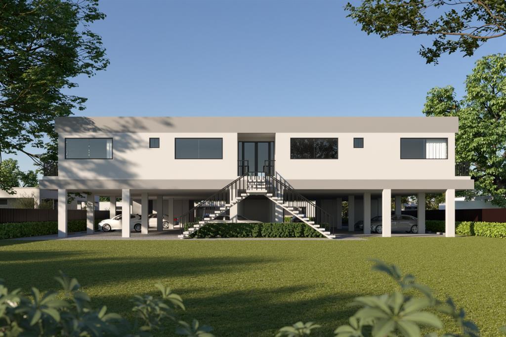 A digital rendering of a modern, elevated two-story house with a central staircase and carport — 344 NW 6th Street, Pompano Beach FL 33060, POMPANO BEACH, FL
