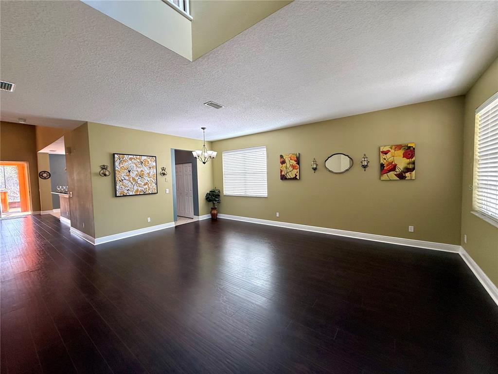 A spacious living area features dark wood floors, tan walls, and a high vaulted ceiling — 11338 LAUREL BROOK COURT, RIVERVIEW, FL