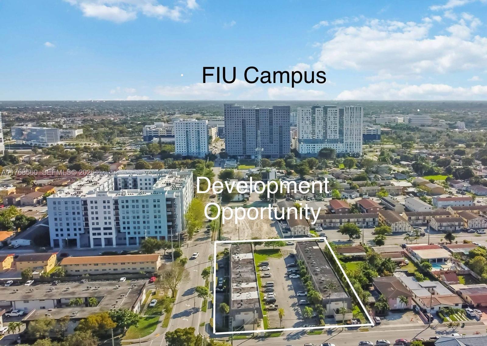 An aerial view shows a rectangular property lot outlined in white near a university campus — 10904 SW 2nd, Sweetwater FL 33174, SWEETWATER, FL