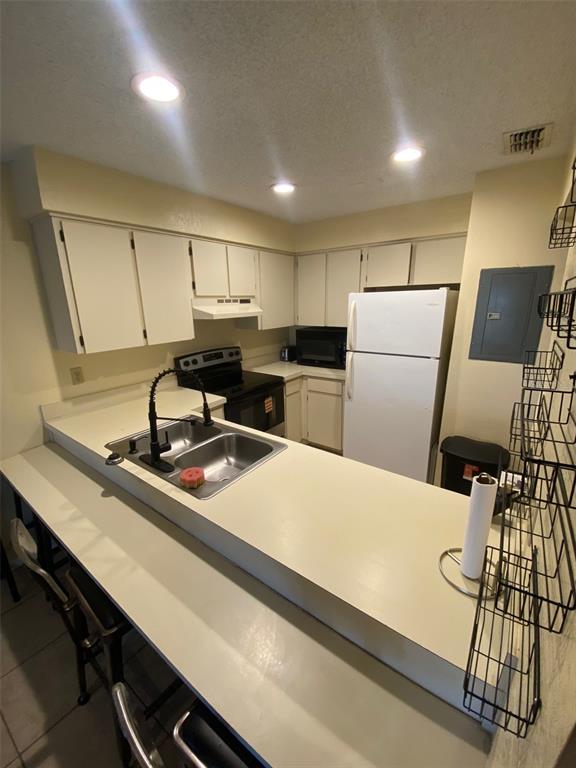 A kitchen features white cabinets, a double-basin sink, a black stove, and a white refrigerator — 6120 TOPHER TRAIL UNIT 6120, MULBERRY, FL
