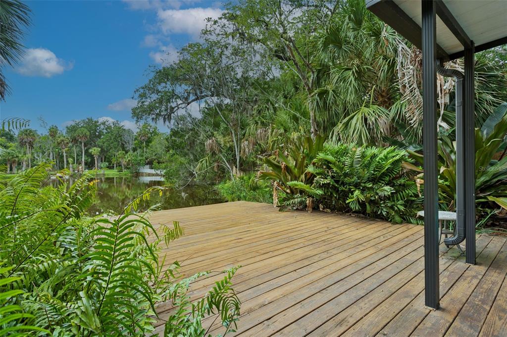 A wooden deck overlooks a pond surrounded by lush trees and tropical plants — 4521 EDITH STREET, NEW PORT RICHEY, FL