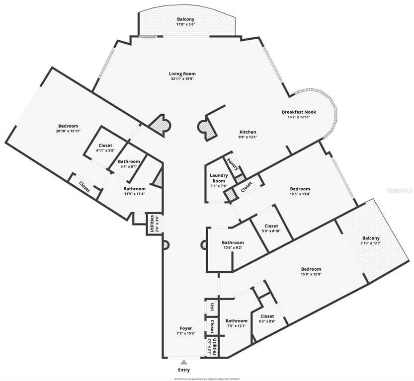 This is a floor plan of a multi-bedroom apartment with a living room and balconies — 2 OCEANS WEST BLVD UNIT 300, DAYTONA BEACH SHORES, FL