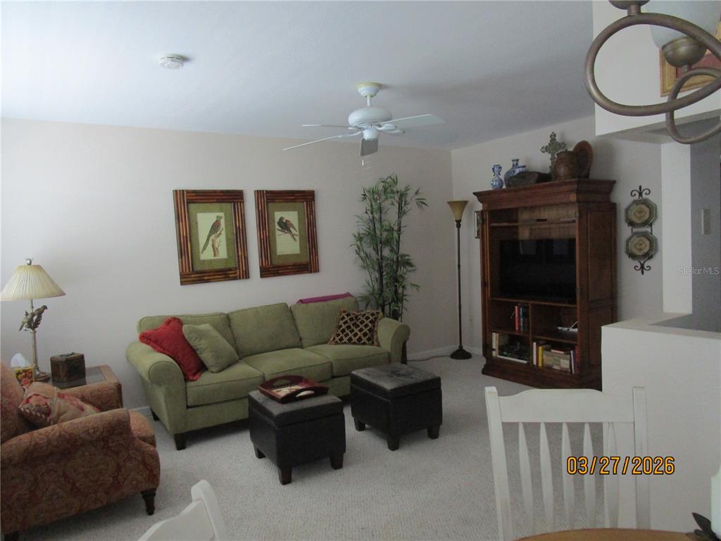 A living room features a green sofa, two ottomans, a wooden entertainment center, and carpeted floors — 6055 21ST STREET N UNIT 12, ST PETERSBURG, FL