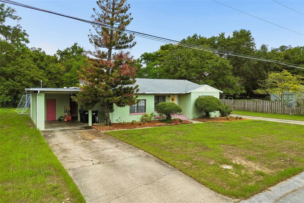 A light green single-story house features a concrete driveway, a carport, and a large tree — 3742 MARTIN STREET, ORLANDO, FL
