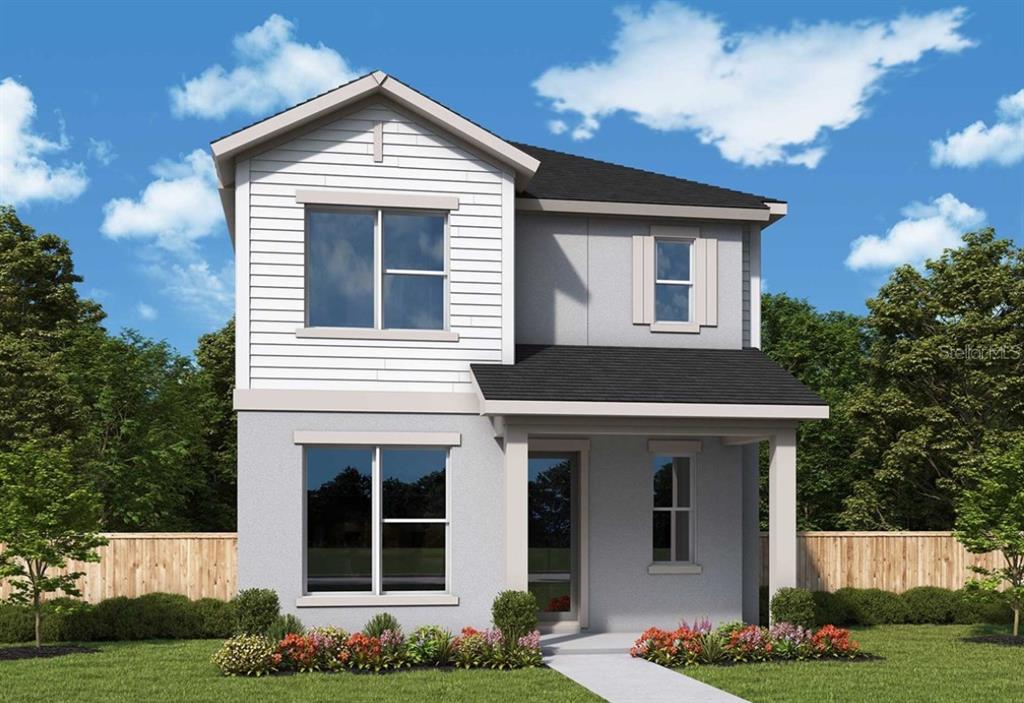 This is a digital rendering of a two-story house with a gray stucco and siding exterior — 14975 SIRLEAF DRIVE, ORLANDO, FL
