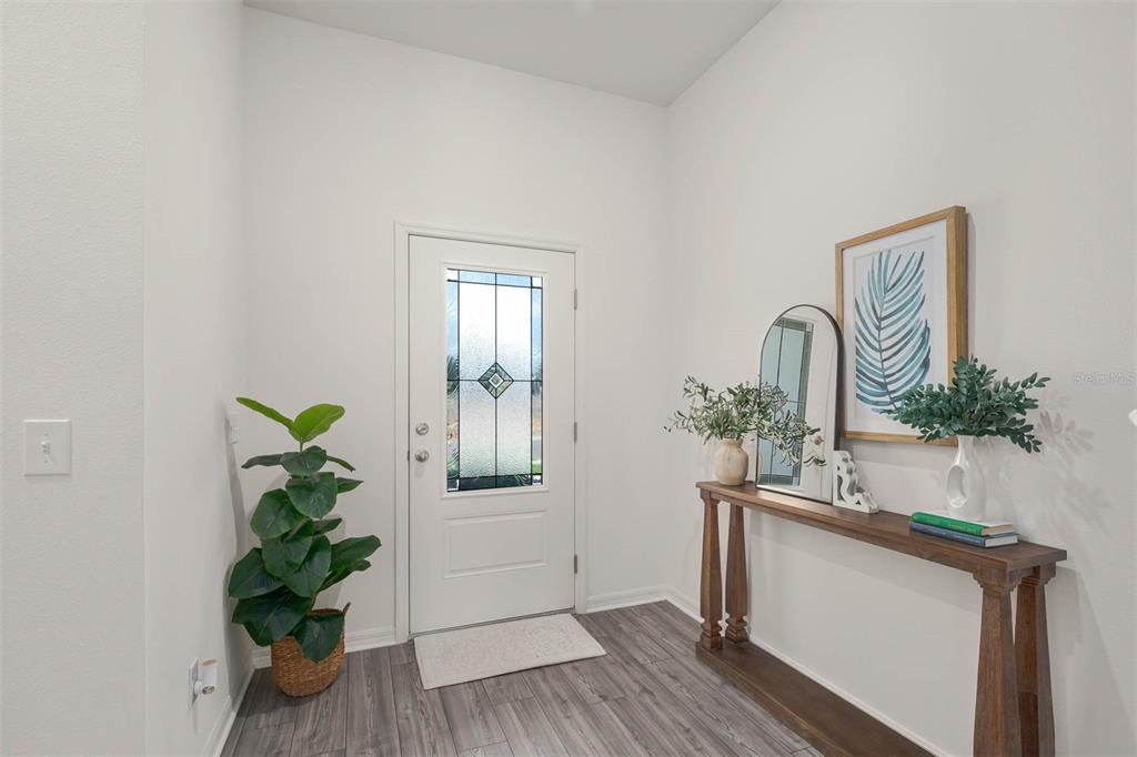 An entryway features a white front door, wood-look flooring, and a wooden console table — 721 POPPY LANE, DUNDEE, FL