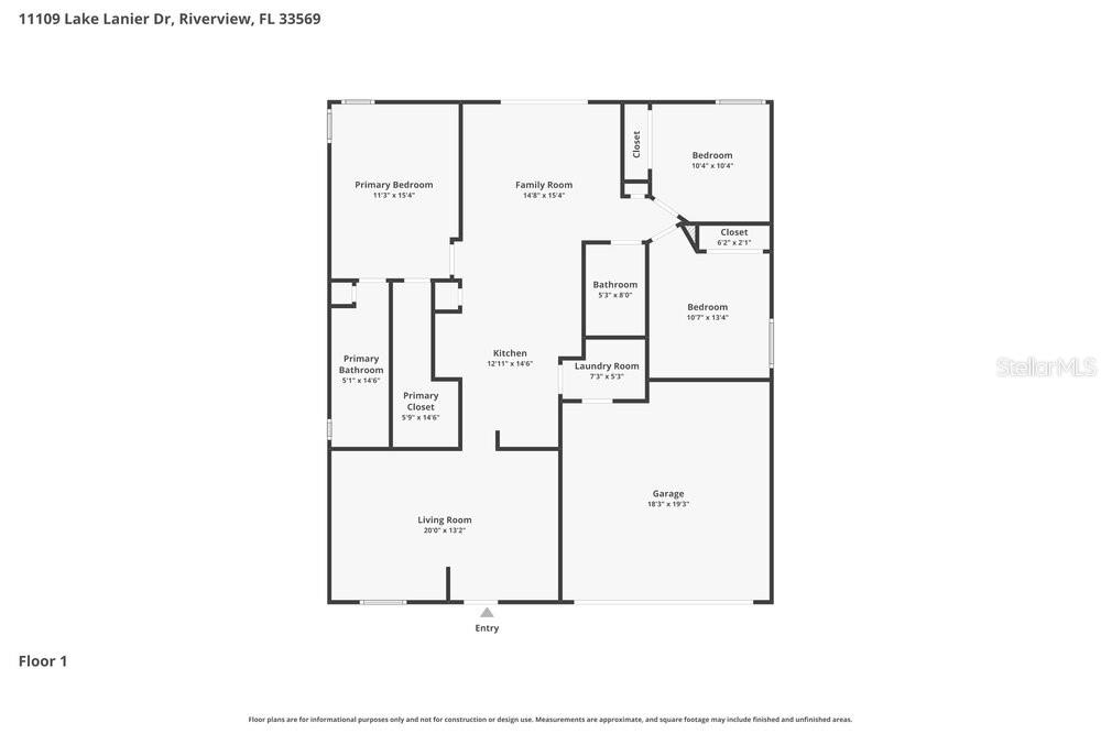 This is a floor plan for a single-story house with three bedrooms and a garage — 11109 LAKE LANIER DRIVE, RIVERVIEW, FL