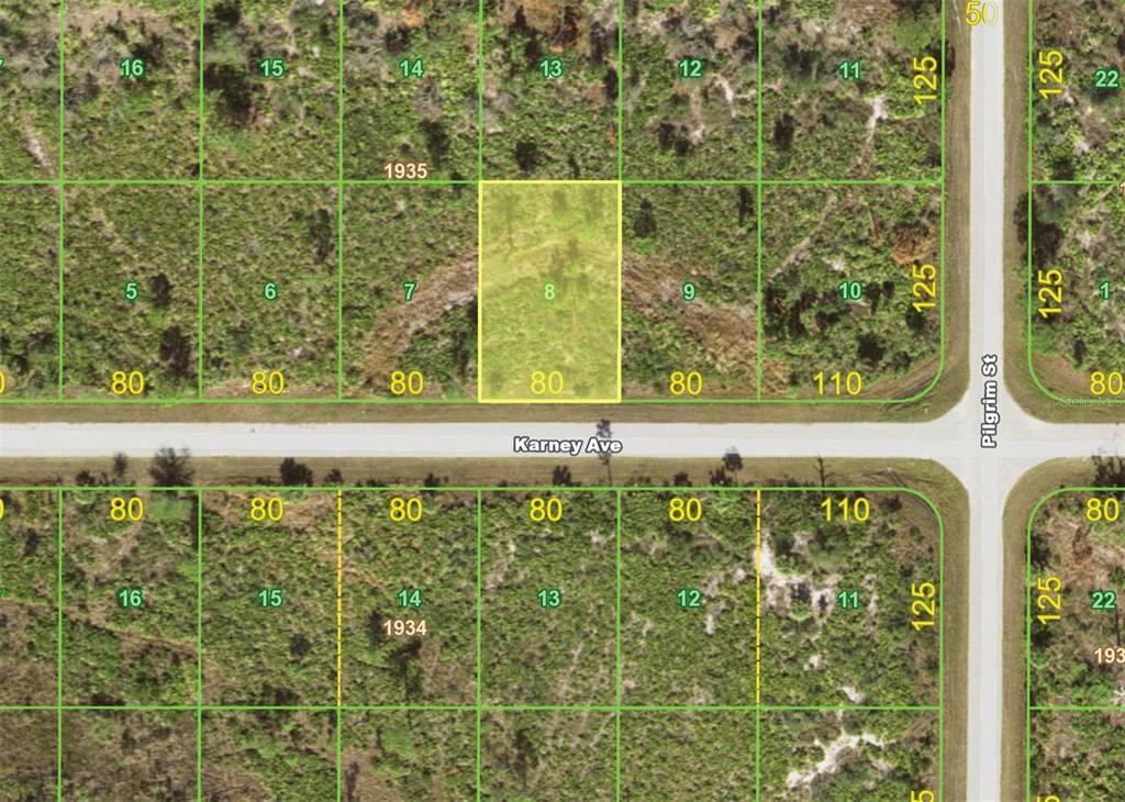 This is a map showing a highlighted rectangular land parcel located along a road — 12100 KARNEY AVENUE, PORT CHARLOTTE, FL