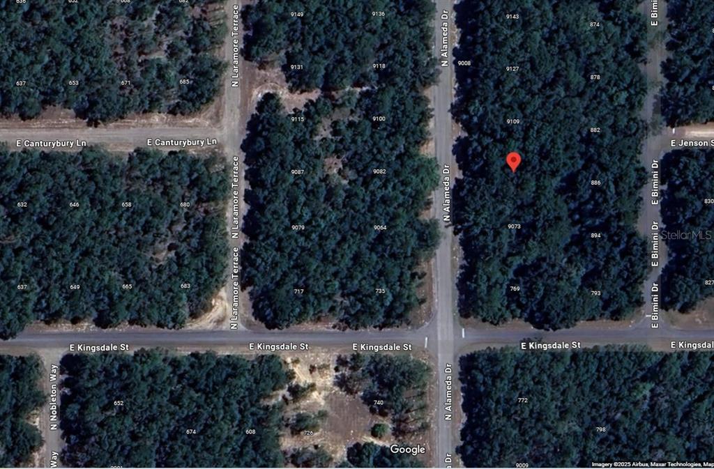 This is a satellite map view of a wooded residential area with marked street names — 9085 N ALAMEDA DRIVE, CITRUS SPRINGS, FL