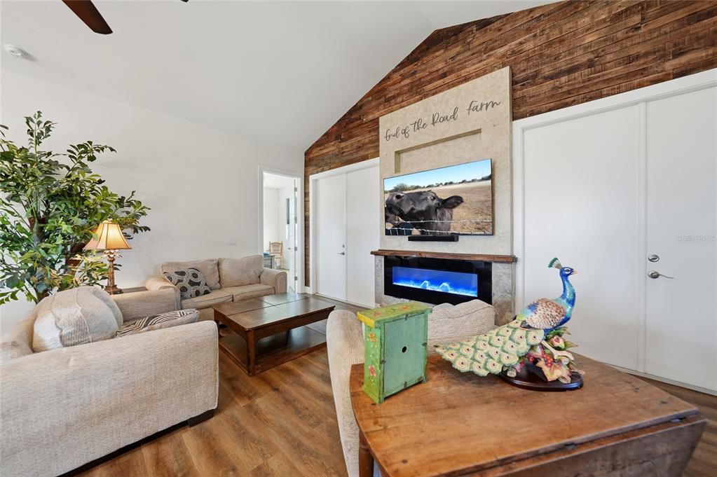 A living room features a vaulted ceiling, wood-paneled accent wall, electric fireplace, and television — 9931 SE ENGLISH AVENUE, ARCADIA, FL