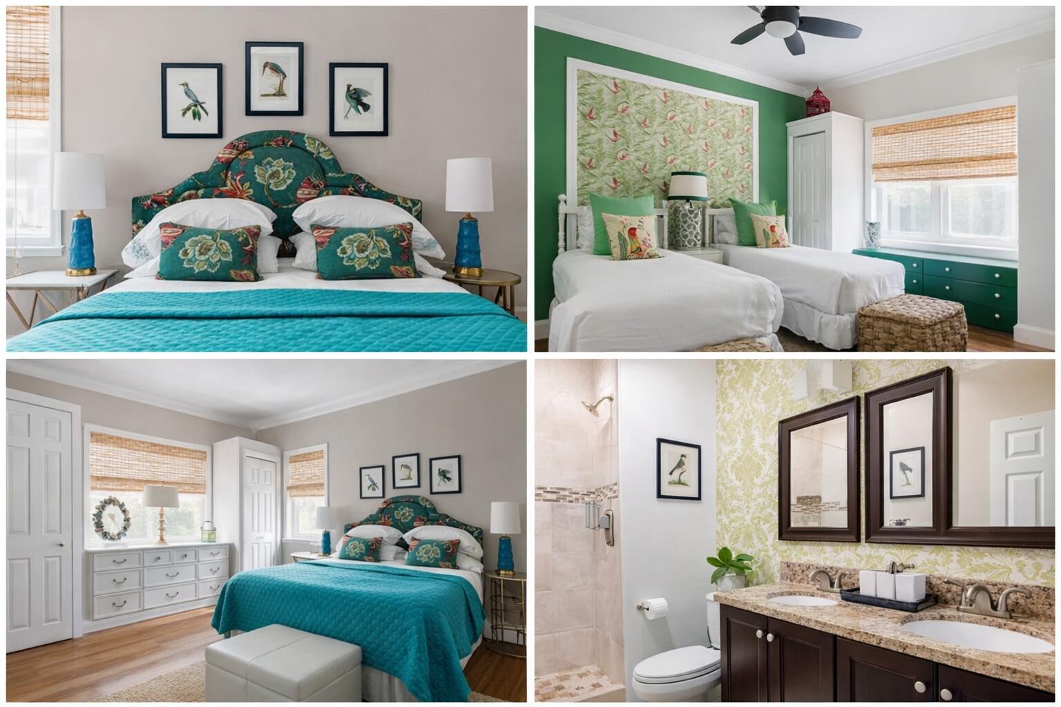 A collage showing two bedrooms with teal accents, a twin bedroom with green wallpaper, and a bathroom — 515 Ardmore Road, West Palm Beach FL 33401, WEST PALM BEACH, FL