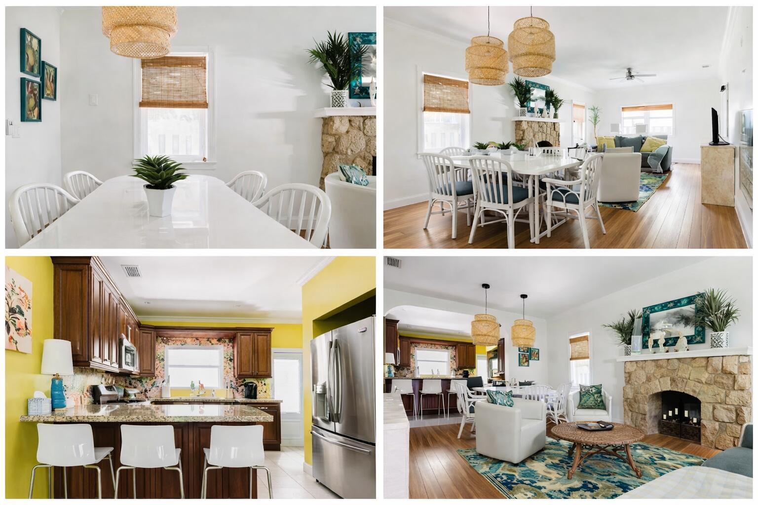 A collage showing a dining area, living room, and kitchen with yellow walls and wood floors — 515 Ardmore Road, West Palm Beach FL 33401, WEST PALM BEACH, FL