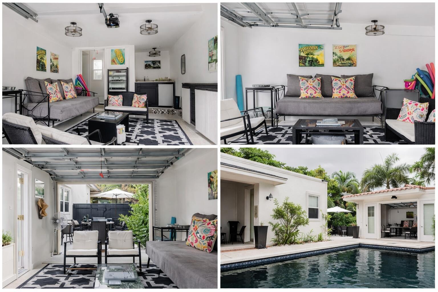 A collage showing a converted garage living space with a pool view and outdoor patio — 515 Ardmore Road, West Palm Beach FL 33401, WEST PALM BEACH, FL